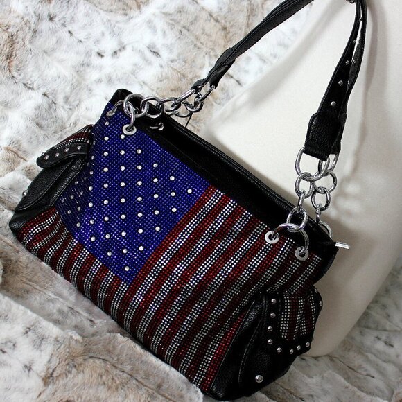 American Flag Red White Blue Rhinestone Bling Black Hobo Patriotic Handbag Bag - Picture 1 of 11